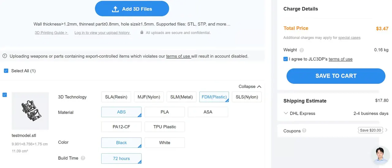 JLC3DP also has an easy-to-use online instant quoting system