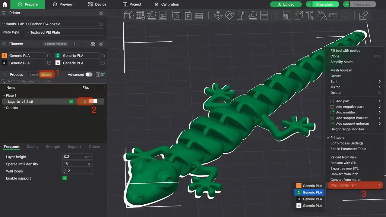 Choose the filament to print the model