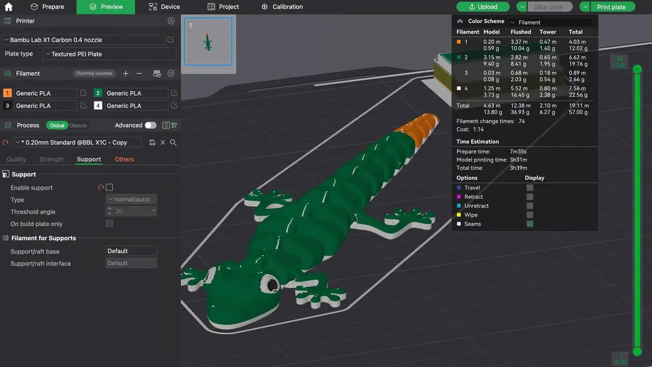 After slicing, you can verify the quantity of each filament necessary